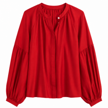 Solid Red Split Neck Buttoned Cuff Blouse