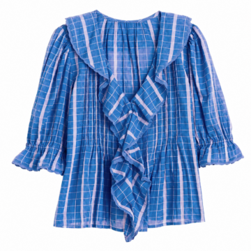 Blue and White Windowpane Check Ruffle Blouse with Puff Sleeves