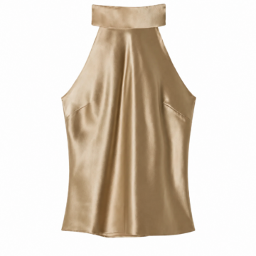 Champagne Gold Sleeveless Mock Neck Halter Top with Draped Front