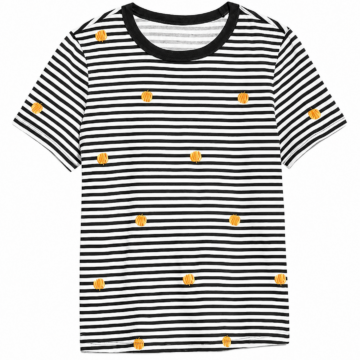 Black and White Striped Crew Neck T-Shirt with Yellow Dot Accents