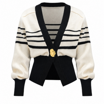 Cream Striped Cropped Knit Cardigan with Bishop Sleeves