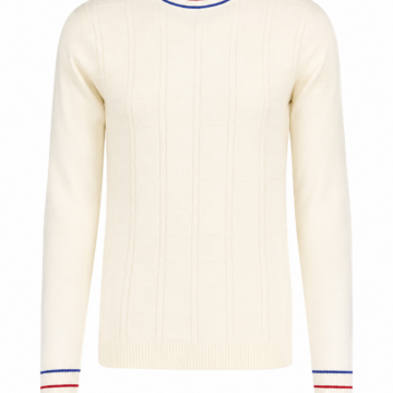 Cream Cable-Knit Crewneck Sweater with Red & Blue Tipping
