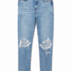 Medium Blue High Rise Distressed Straight Jeans