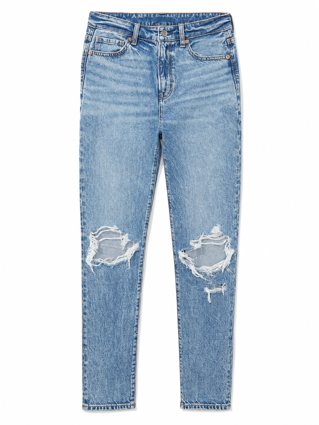 Medium Blue High Rise Distressed Straight Jeans