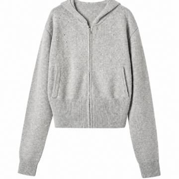 Heather Grey Knit Zip-Up Hoodie with Silver Embellishments