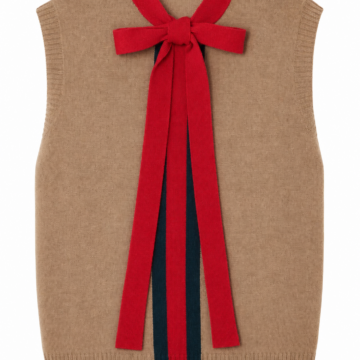 Camel Knit Sweater Vest with Red Bow and Navy Stripe