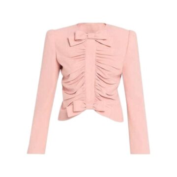 Light Pink Bow-Detail Ruched Long Sleeve Crop Top